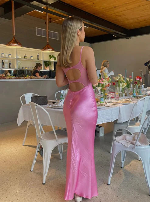 Luolandi Pink Spaghetti Straps Sheath Satin Long Party Dress Solid Color Simple Formal Dress